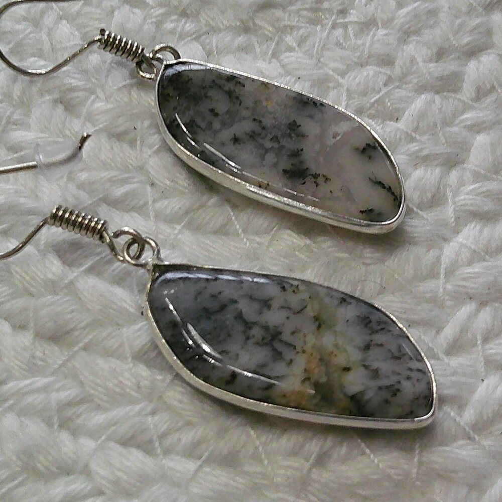 Natural DENDRITE OPAL Handmade Sterling 925 Dangle Earrings #375E